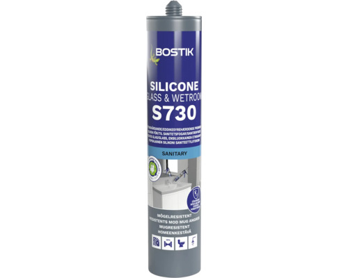 Bostik Logo. Bostik S730 silikon för glas och våtrum. Mögelresistent sanitetssilikon i patron.