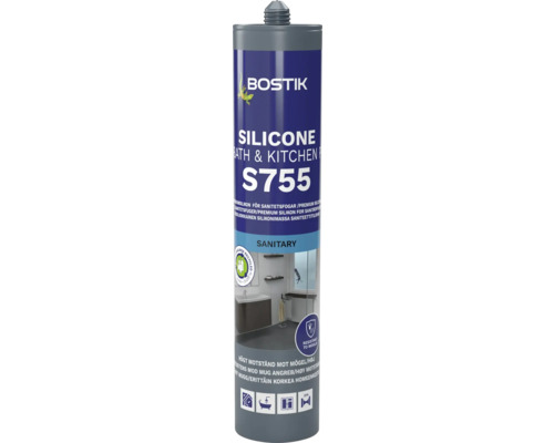 Bostik S755 sanitetssilikon för badrum och kök, mögelresistent.