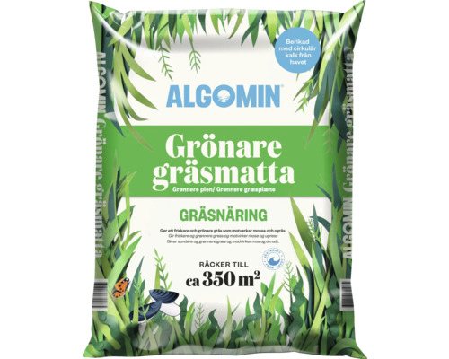 Förpackning Algomin Grönare gräsmatta gräsnäring, räcker till circa 350 kvadratmeter.