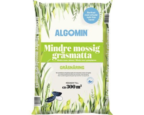 Algomin Mindre mossig gräsmatta gräsnäring för circa 300 kvadratmeter, berikad med kalk från havet för att motverka mossa.