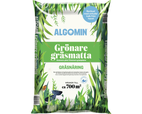 Gräsmattegödsel ALGOMIN Grönare Gräsmatta 13kg Algomin Grönare gräsmatta gräsnäring berikad med kalk från havet, räcker till cirka 700 kvadratmeter.