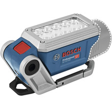 Batteridriven arbetslampa Bosch GLI 12 Volt 330 Professional med 10 LED, justerbart stativ och Bosch Logo.
