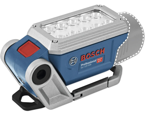 Batteridriven arbetslampa Bosch GLI 12 Volt 330 Professional med 10 LED, justerbart stativ och Bosch Logo.