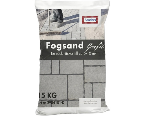 15 kilogram säck med Benders Fogsand fogsand, illustration av användning på marksten och Benders Logo.