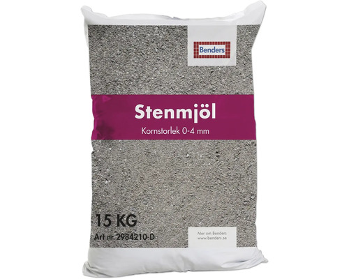 Benders Stenmjöl, kornstorlek 0 till 4 millimeter, 15 kilogram säck. Benders Logo.