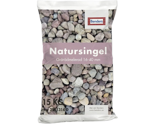 Säck Benders Natursingel grårödmelerad, storlek 16 till 40 millimeter, 15 kilogram.