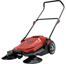Einhell batteridriven sopmaskin med två sidoborstar, fällbart skjuthandtag och uppsamlingsbehållare för rengöring av gångvägar och gårdar.