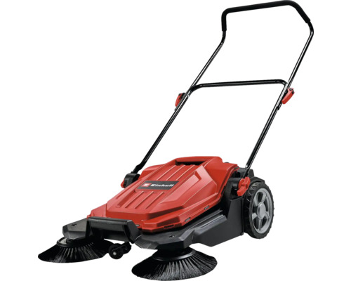 Einhell batteridriven sopmaskin med två sidoborstar, fällbart skjuthandtag och uppsamlingsbehållare för rengöring av gångvägar och gårdar.