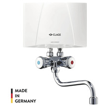 Clage liten genomströmningsvärmare med tvågreppsarmatur och böjd pip. Tillverkad i Tyskland.