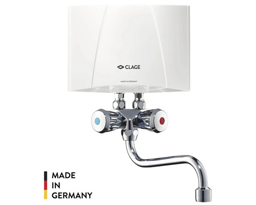 Clage liten genomströmningsvärmare med tvågreppsarmatur och böjd pip. Tillverkad i Tyskland.