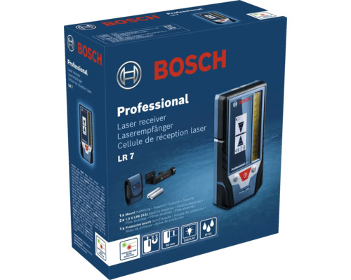 Bosch Professional lasermottagare LR 7 set inklusive fäste, batterier och skyddsväska med damm- och stänkvattenskydd IP 54.