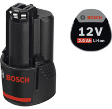 Svart Bosch litiumjonbatteri 12 Volt 2,0 Amperetimmar, Bosch Logo.