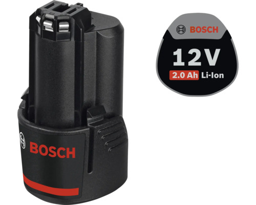 Svart Bosch litiumjonbatteri 12 Volt 2,0 Amperetimmar, Bosch Logo.