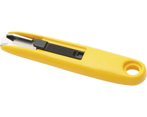 Gul säkerhetskniv i plast med svart skjutreglage och upphängningshål.