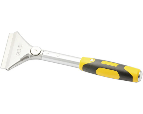 Olfa skrapa med silverfärgat metallhuvud och gul-svart ergonomiskt handtag för rengöringsarbeten.