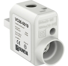 Ouneva universalklämma VC06-0019 för aluminium- och kopparledare från 6 till 50 kvadratmillimeter med CE-märkning, FI-certifiering och Ouneva Logo.