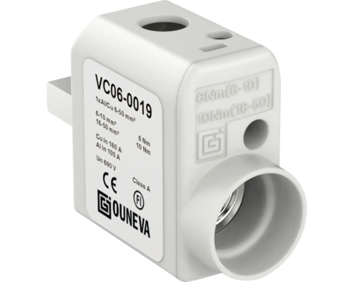 Ouneva universalklämma VC06-0019 för aluminium- och kopparledare från 6 till 50 kvadratmillimeter med CE-märkning, FI-certifiering och Ouneva Logo.
