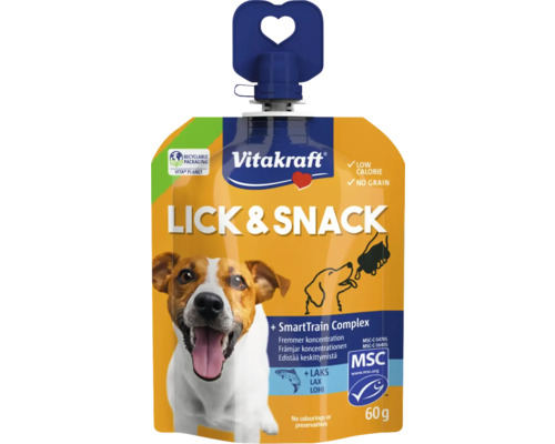 Vitakraft Logo. Hundgodis Lick och Snack med lax i klämförpackning, återvinningsbar förpackning, MSC-certifierad fisk, 60 gram.