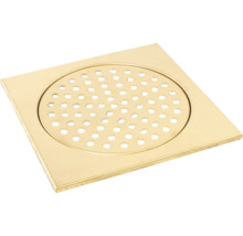 Kvadratiskt golvbrunnsgaller i mässing med cirkulärt hålmönster.
