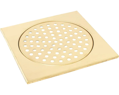 Kvadratiskt golvbrunnsgaller i mässing med cirkulärt hålmönster.