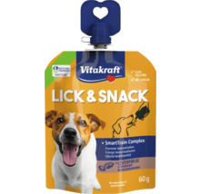 Vitakraft Lick and Snack flytande hundgodis med leverkorvssmak, kalorisnålt och spannmålsfritt, sextio gram i återvinningsbar förpackning.