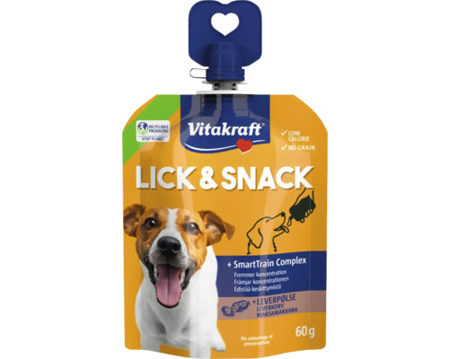 Vitakraft Lick and Snack flytande hundgodis med leverkorvssmak, kalorisnålt och spannmålsfritt, sextio gram i återvinningsbar förpackning.