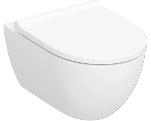 Vägghängd WC med stängd toalettsits, modern design i keramik.