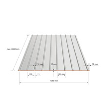 Trapetsprofilplåt med mått. Bredd 1089 millimeter, maximal längd 6000 millimeter, profilhöjd 12 millimeter.