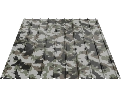 Trapetsplåt med kamouflagemönster för tak och vägg.