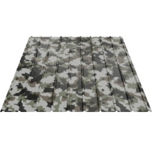 Trapetsplåt med kamouflagemönster för tak och vägg.