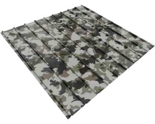 Trapetsprofilerad metallplåt med camouflagemönster.