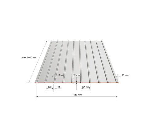 Trapetsprofilplåt med mått. Bredd 1089 millimeter, maximal längd 6000 millimeter, profilhöjd 12 millimeter.