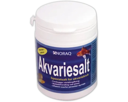 NorAq akvariesalt i vit plastburk, specialsalt för akvariebruk för att förebygga nitritförgiftning och stress.