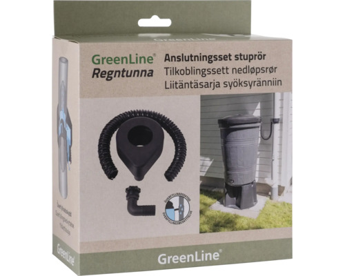 GreenLine anslutningsset för regntunna och stuprör med flexibel slang och svarta kopplingar i plast.