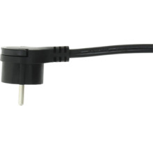 Schuko vinkelkontakt i plast med svart kabel.