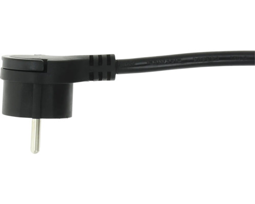 Schuko vinkelkontakt i plast med svart kabel.
