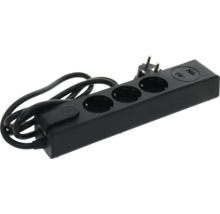 Grenuttag med 3 uttag i svart med strömbrytare och portar för USB-A och USB-C.
