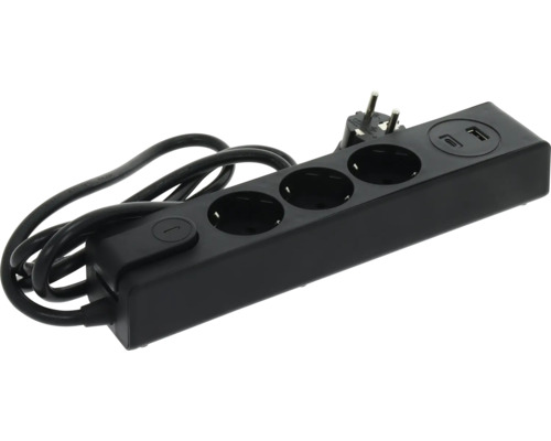 Grenuttag med 3 uttag i svart med strömbrytare och portar för USB-A och USB-C.