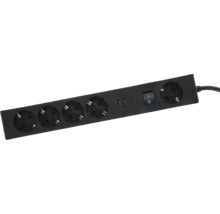 Svart grenuttag med fem uttag, två USB-A-portar, en USB-C-port och en strömbrytare.
