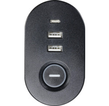Svart USB-laddningsstation med en USB-C-port, två USB-A-portar och en rund strömbrytare.