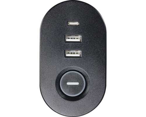 Svart USB-laddningsstation med en USB-C-port, två USB-A-portar och en rund strömbrytare.