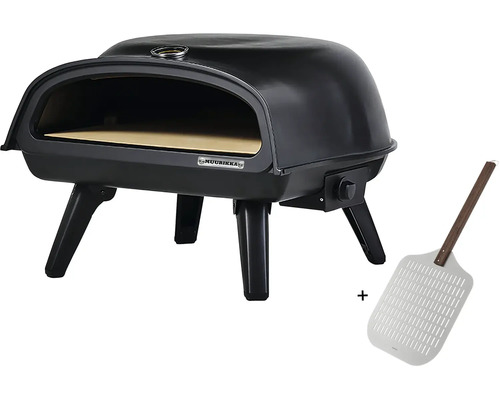 Muurikka pizzaugn för gas med pizzasten och pizzaspade. Svart hölje med termometer och fyra ben.