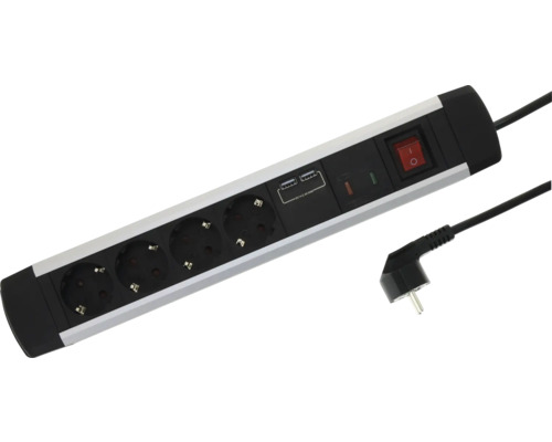 Grenuttag med 4 uttag, 2 USB-portar, strömbrytare och vinklad stickpropp i svart och silver.