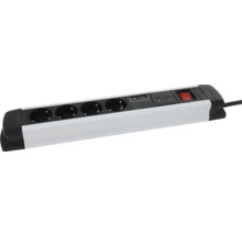 Grenuttag i vitt och svart med 4 uttag, 2 USB-portar, överspänningsskydd och strömbrytare.