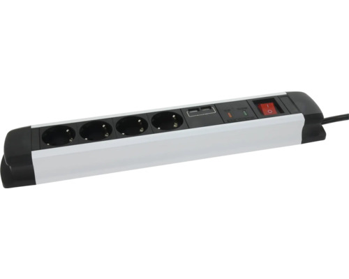 Grenuttag i vitt och svart med 4 uttag, 2 USB-portar, överspänningsskydd och strömbrytare.