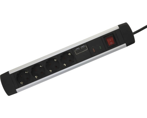 Grenuttag med 4 uttag, 2 USB-portar och belyst strömbrytare.