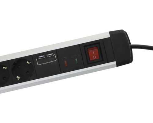 Grenuttag med två USB-laddningsportar, belyst strömbrytare och funktionsindikatorer.