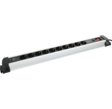 Grenuttag i aluminium med 10 uttag, 2 USB-portar, överspänningsskydd och belyst strömbrytare.
