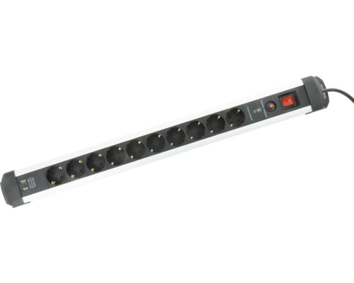 Grenuttag med 12 uttag, två USB-portar, överspänningsskydd och belyst strömbrytare.