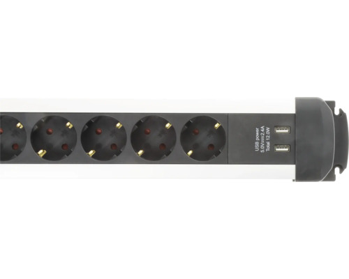 Grenuttag i plast i grått och vitt med jordade eluttag och två USB-portar.